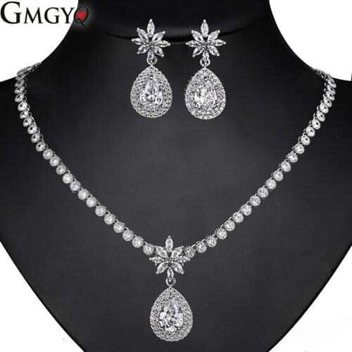 GMGYQ Fashionable Jewelry Earrings Necklaces Water Drop Zircon Suits Elegant Wedding Dress Accessories For Women Gift