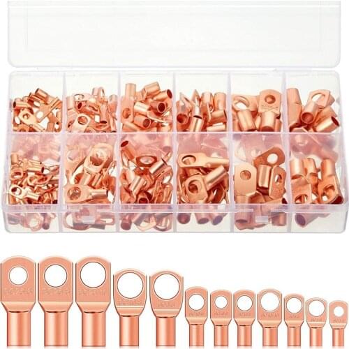 170PCS Copper Battery Cable Ends 12 Sizes Battery Wire Lugs Eyelets Tubular Ring Terminal Connectors SC Bare Crimp Terminals