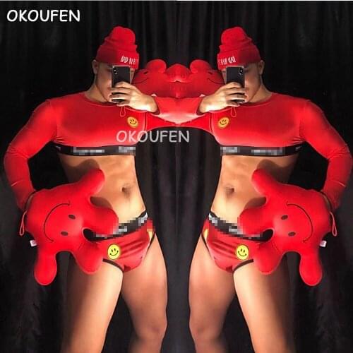 Nightclub bar male singer dancer ds stage sexy show DJ men and women red smiley tide brand suit bar party performance clothes