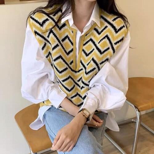 2021 New Autumn Women Korean Fashion Suit Women Solid Color Long Sleeve Blouse + Chic Sprinted Knitted Vest 2 Piece Set Q923