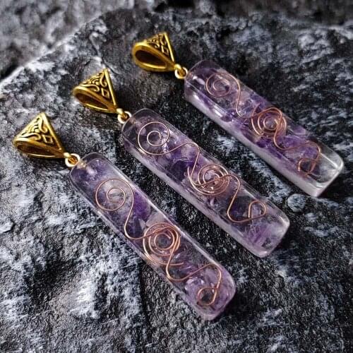 Orgone Energy Amethysts Crystal Wire Wrap Handmade Rectangle Pendulum Natural Chakra Pendants Wholesale