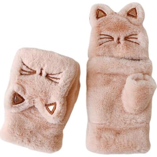 Winter Women Outdoor Cartoon Cats Gloves Flip Half Finger Thicken Warm Mittens Warm Soft Plush Short Warm Fingerless Gloves