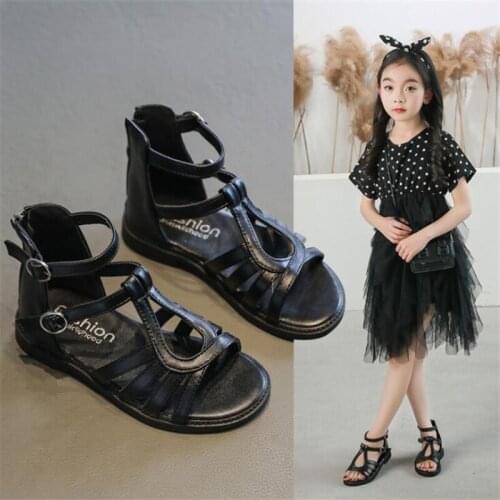 Girls fashion summer high top sandals Childrens big kids hollow roman beach shoes Soft-soled non-slip princess shoes kid shoes