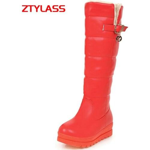 Black White Red Winter Women Boots Warm Plush Sonw Boots Platform Flat Heel Knee High Boots Slip On Female Shoes
