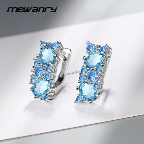 MEWANRY Prevent Allergy 925 Sterling Silver Stud Earrings for Women Fashion Unique Charming Sparkling Blue Zircon Bride Jewelry