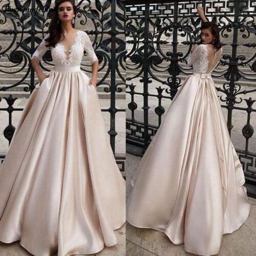 Modest Lace Wedding Dresses 2019 Sheer Half Sleeves O-Neck Button Back A-Line Satin Bridal Gowns Wedding Gowns Vestido de noiva