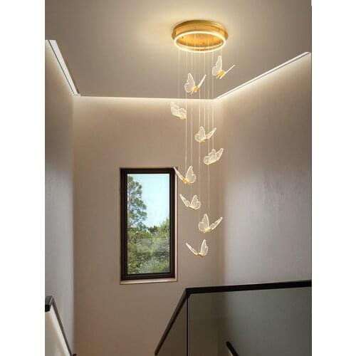 Modern Golden Butterfly Staircase LED Chandelier Nordic Round Dimmable Suspension Light Duplex Building Villa Dining Chandelier