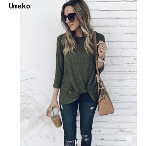 Umeko Autumn Women Fashion Three Quarter Sleeve Shirts Casual O-neck Blouse Ladies Slim Tunic Tops Irregular Blouse Plus Size
