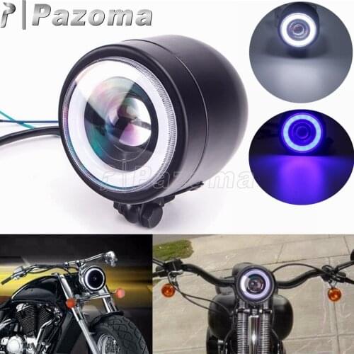 Universal Motorcycle Headlamp LED Headlight For Harley Cafe Racer Honda Suzuki Kawasaki BMW Blue/White Angel Ring Running Light