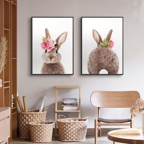 Wall Art Picture Flower Brown Bunny Rabbit Tail Animal Canvas Print Poster Nursery Print Painting Nordic Kids Baby Room Decor