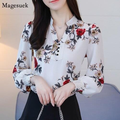 Elegant V Neck Office Ladies Floral Print Chiffon Blouse Women Autumn 2021 Summer Long Sleeve Shirts Casual Loose Tops 6140 50