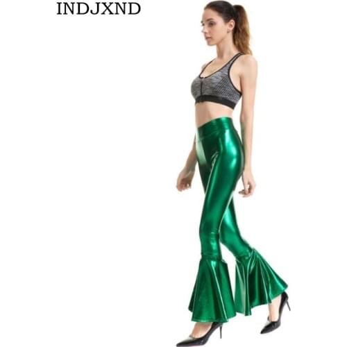 INDJXND Women Wide Leg Bright leather Leggings High Waist Slim Long Pants Women Glitter Pants Legging Nightclub Horn Trousers