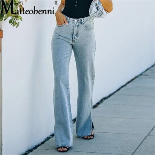 Womens Straight Split Jeans 2021 New Autumn Female Clothes High Waist Vintage Casual Streetwear Washed Ladies Denim Trousers