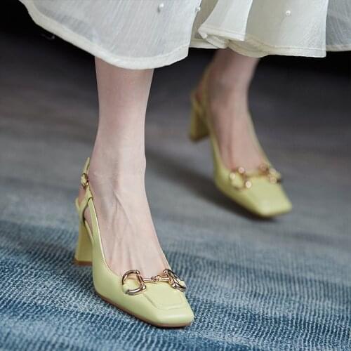 2021 New Square Toe High Heels Female Thick Heel Pumps Sexy For Women Metal Decoration Pu Leathers Women High Heels