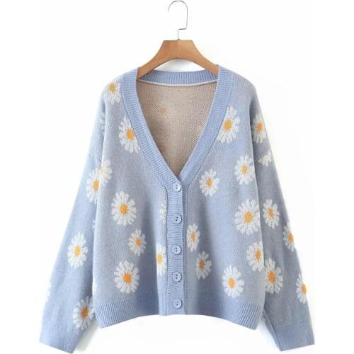 Sweet Button Down Sweater Cardigan Women Loose Knit Coat Autumn Spring Casual Lady Long Sleeve V Neck Floral Outerwear Sweater