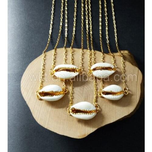 WT-N712 Fashion Cowrie Doulbe bails Necklace for Women natural cowrie shell pendant with double bails gold trim chain necklace