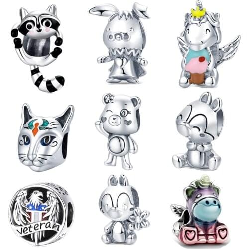 100% 925 Sterling silver CZ Forest Animal Raccoon Squirrel Cute Bear Swinging Kitten unicorn Bead fit Woman Bracelet Pendant DIY