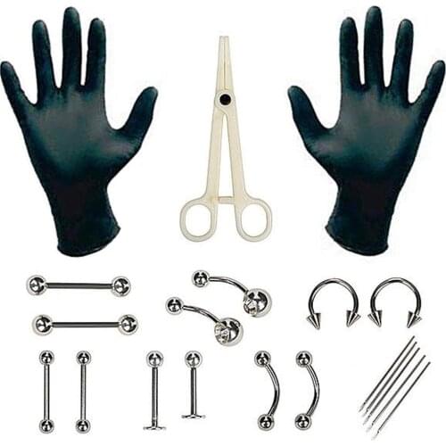20Pcs Body Piercing Jewelry Needles Tool Kit Set Belly Tongue Eyebrow Nipple Lip