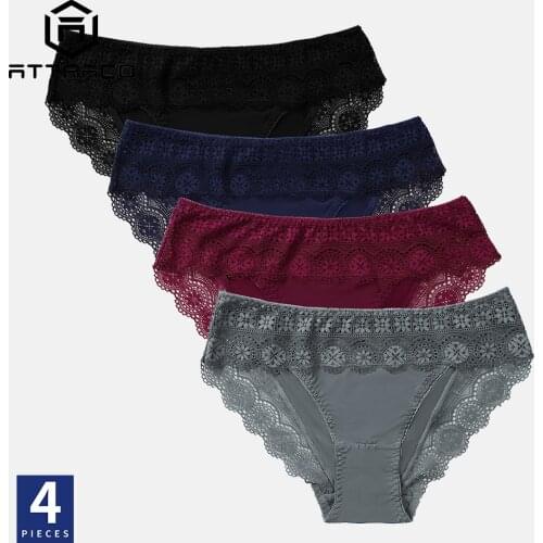 ATTRACO Womens Panties Underwear 4 Pack Lace Trim Briefs Sexy Lingerie For Women Low Waist Hipster Bikini Thongs Hollow Out