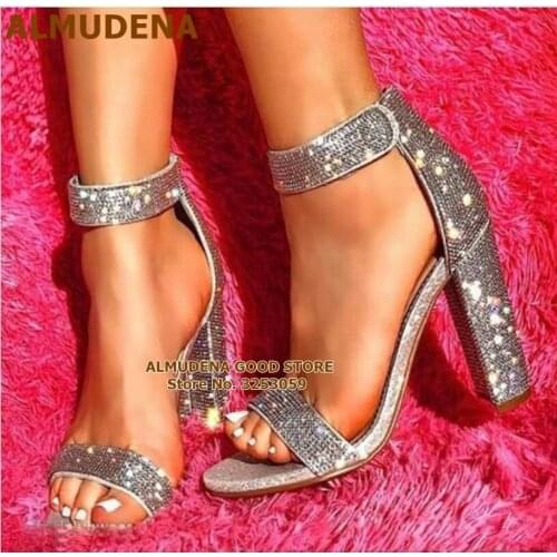 ALMUDENA Silver Rhinestones Chunky High Heels Bling Bling Crystal Sandals Glitter Strap Wedding Pumps Banquet Heel Shoes Women