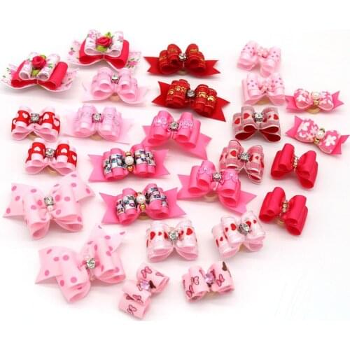 Valentines dogs hair bows 100pcs Pink Gril Bows with Rhinestone Rubber Bands Pet Dog Hair Bows Pet Dog Grooming Accessories