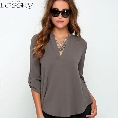 Fashion Women Chiffon Blouses Shirt 3/4 Sleeve V-neck Large Size Tops Female Clothing Cheap China Feminina