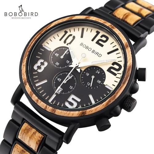 Bobo Bird Quartz Mens Watch For Man 2020 Chronograph Wooden Luminous Wristwatch Date Display Stopwatch Male Watches Customize