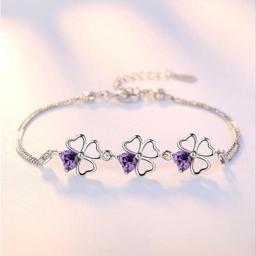 925 Sterling Silver Jewelry Bracelet High Quality Hollow Flower Pattern Purple Crystal Heart Bracelet Length 20CM