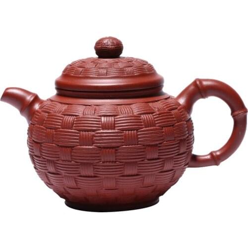 Dahongpao Purple Clay Teapot Hand-painted Bamboo Woven Round Bead Zisha Teapot Yixing Handmade Pot Kung-fu Teaware Purple Clay