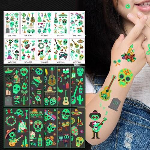Day of the Dead Festival Luminous Tattoo Stickers for Kids Waterproof Guitar Skull Children Temporary Tattoos Arm Face Body Art