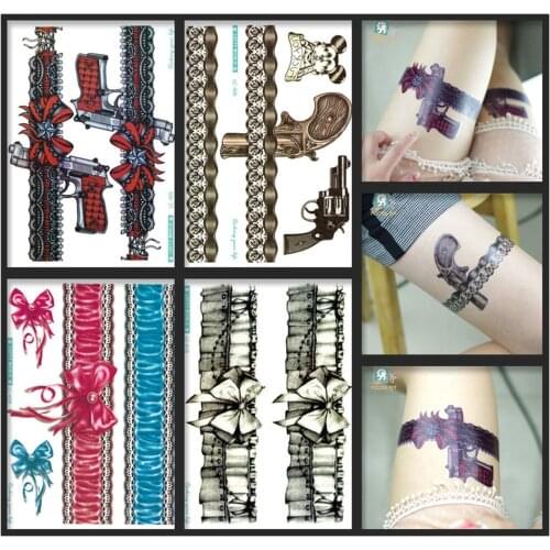 Hot Sale Beauty Fashional Leg Temporary Tattoo For Women Big Bow-tie With Lace Gun Black Red Waterproof Tattoo Sticker