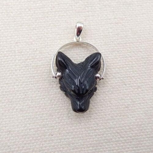 Carved Wolf Head Obsidian Gemstone Pendant Bead, 925 Sterling Silver Buckle.27x19x9mm,4g