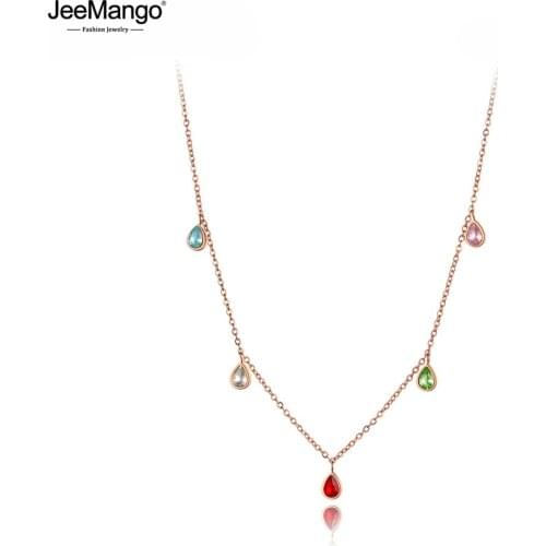 JeeMango New Bohemia Titanium Stainless Steel Colorful CZ Crystal Charm Choker Necklace Beach Pendant Necklace For Women JN19181