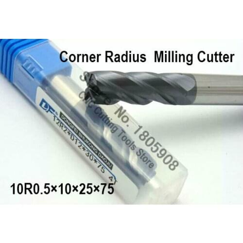 1PCS 10R0.5*10*25*75 10mm 4 flutes Cemented Carbide Corner Radius endmill CNC router bit milling cutter tool
