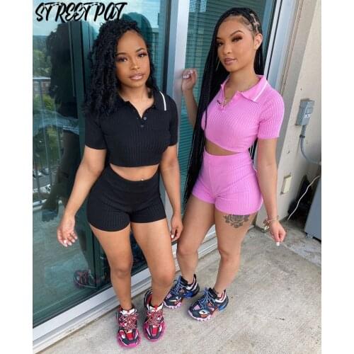 Casual Ribbed 2 Two Piece Set Women Tracksuit Lapel Skinny Crop Top+Biker Shorts Sets Elastic Sport Summer Vacation Outfits New