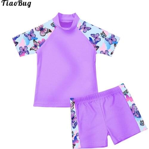 TiaoBug Summer 2Pcs Kids Girls Tankini Sets Swimsuit Swimwear Floral Printed Short Sleeve Tops With Bottoms Bathing Suit Bikini