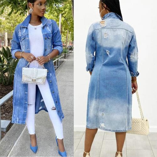 Fashion coat Womens denim trench coat with holes on the back of denim coat Clothing