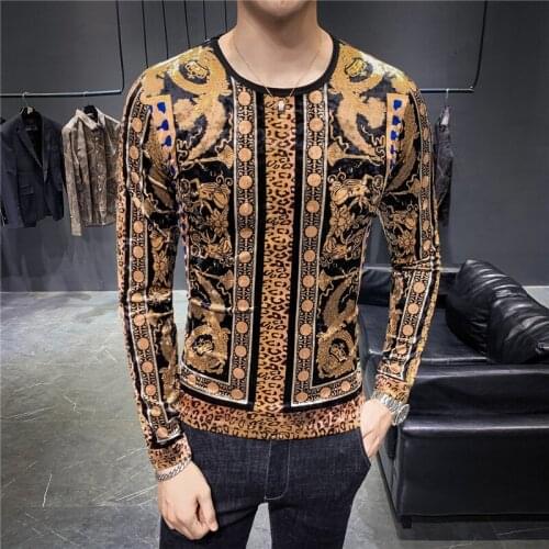 High Quality Gold Velvet Fabric Men T-shirt Fashion Printed Slim Long-Sleeved T-shirt Autumn Street Round Neck Brand Men T-shirt