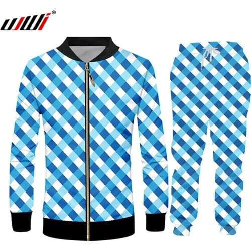 UJWI 2020 New Blue Plaid Men Casual Two-piece Zipper Sportswear 3D Print Suit Male Pocket Fashion Men Tracksuit Sets Mens Set