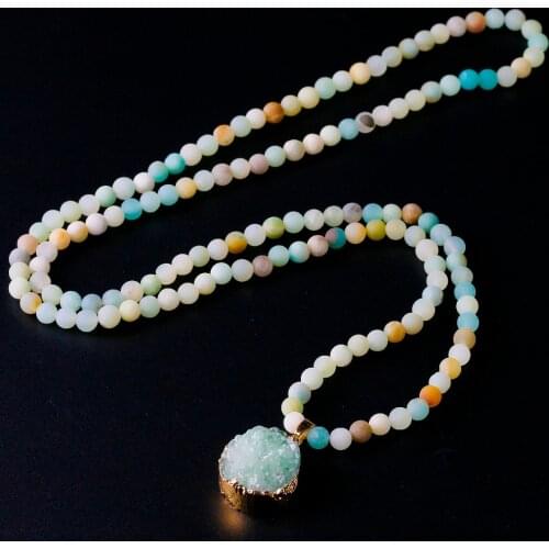 Natural Sea sediments 6MM Beads Imperial Stone With Druzy Pendent Charm Necklace For Women Men Unisex Jewelry Lovers Gift