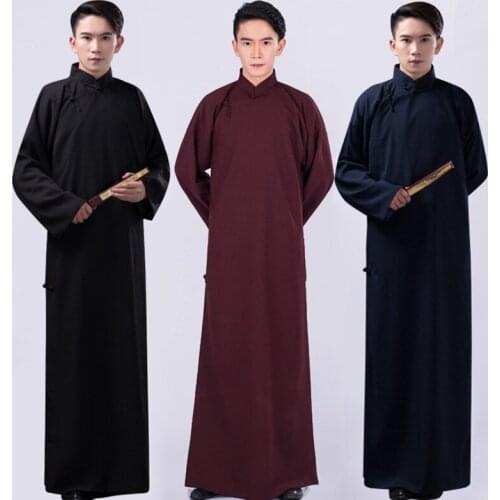 BALDAUREN New Republic Of China Costume Mens Green Cotton And Linen Gown Robe Chinese Performance Costumes Crosstalk Clothing