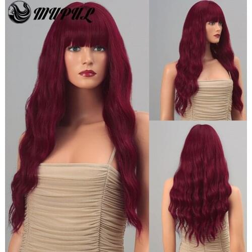 Female Red Colored Long Wave Daily Synthetic Wig With Bangs For White Women Cosplay Wavy Heat Resistant Girls Hair Fiber Wigs