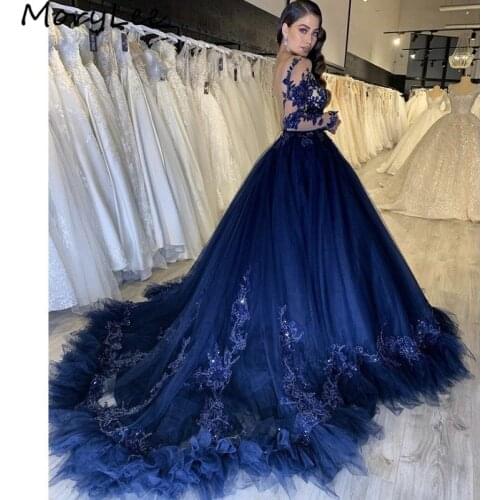 Prom Dresses Navy Blue Long Sleeves A-Line Tulle Lace Applique Crystal Prom Dresses With Zipper vestidos de fiesta de noche