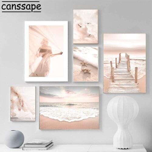 Nordic Poster Woman Back Wall Art Print Pink Beach Ocean Landscape Canvas Painting Modern Wall Pictures For Living Room Decor