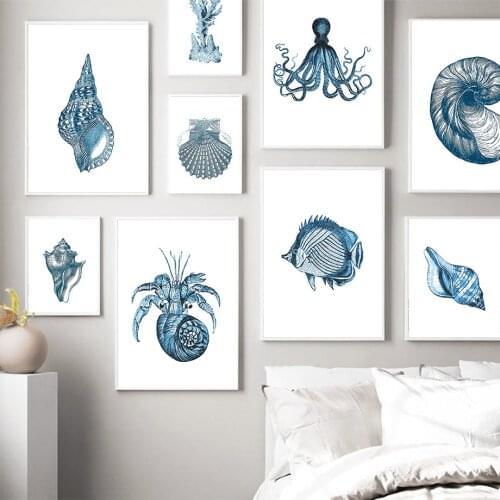 Vintage Octopus Fish Coral Conch Shell Wall Art Canvas Painting Nordic Posters And Prints Wall Pictures For Living Room Decor