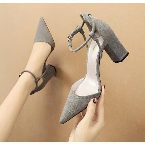 Women sandals Flock Buckle Strap 8CM Square heel High heels Pointed Toe Shallow women shoes sandalias mujer 2020 size 35-42