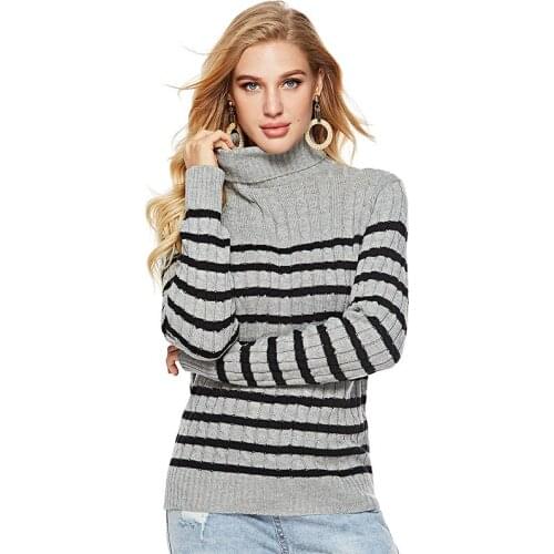 Womens Stripe Turtleneck Sweater Autumn Winter Female Long Sleeve High Collar Knitted Pullover Shirts Ladies Jumper Tops
