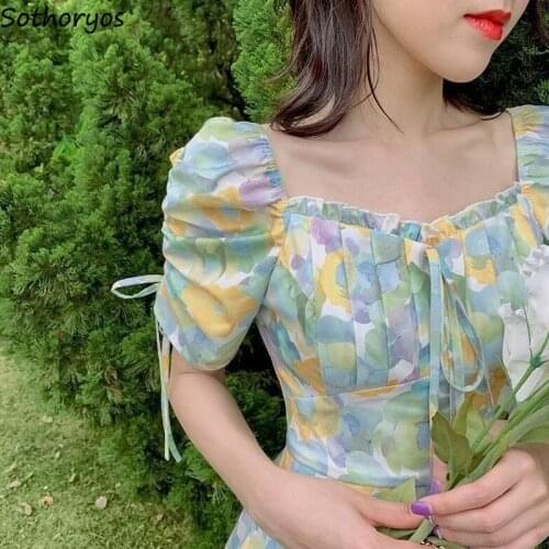 High Waist Short Sleeve Dress Women Slim Fit Print Colorful A-line Elegant Stylish Popular Summer Mori Girls Retro Casual Sweet