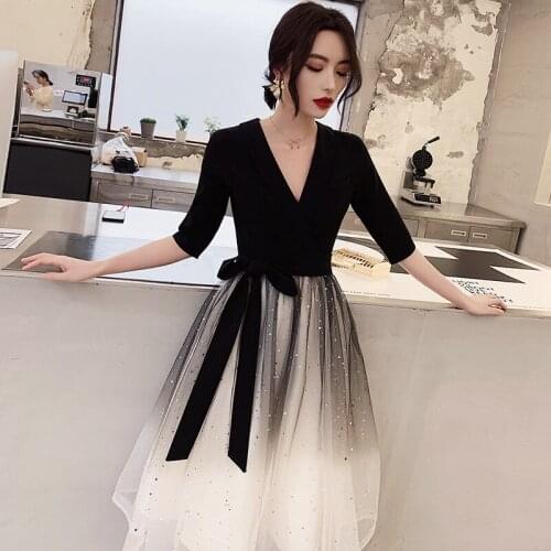 Women Temperament A-Line Tulle Evening Dress Vestido Black Fashion V-Neck Formal Party Gown вечернее платье