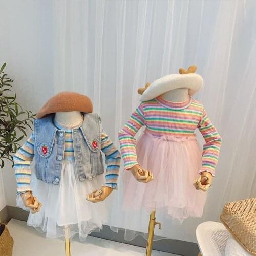 Cute Girls Clothing Sets New Spring Denim Tops & Long Sleeve Rainbow Princess Dresses 2Pcs for Kids Clothes Baby Outfits 12M-8Y